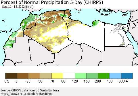 North Africa Percent of Normal Precipitation 5-Day (CHIRPS) Thematic Map For 9/11/2022 - 9/15/2022