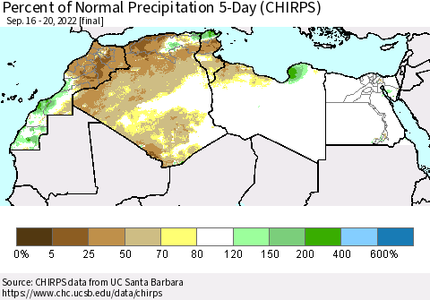 North Africa Percent of Normal Precipitation 5-Day (CHIRPS) Thematic Map For 9/16/2022 - 9/20/2022