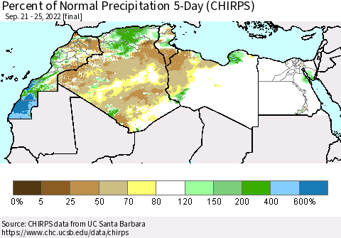 North Africa Percent of Normal Precipitation 5-Day (CHIRPS) Thematic Map For 9/21/2022 - 9/25/2022