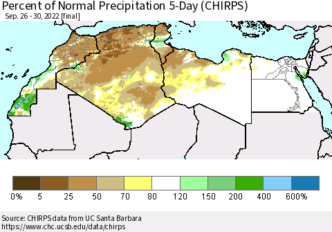 North Africa Percent of Normal Precipitation 5-Day (CHIRPS) Thematic Map For 9/26/2022 - 9/30/2022