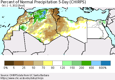North Africa Percent of Normal Precipitation 5-Day (CHIRPS) Thematic Map For 10/1/2022 - 10/5/2022