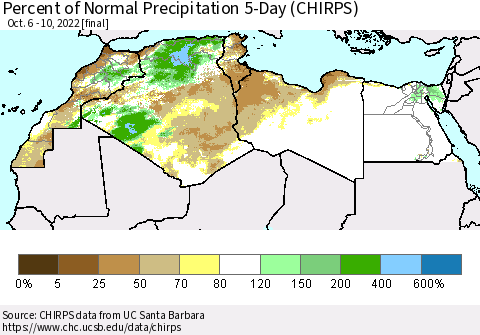 North Africa Percent of Normal Precipitation 5-Day (CHIRPS) Thematic Map For 10/6/2022 - 10/10/2022