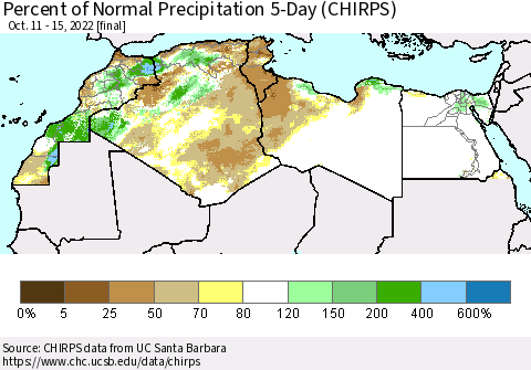 North Africa Percent of Normal Precipitation 5-Day (CHIRPS) Thematic Map For 10/11/2022 - 10/15/2022