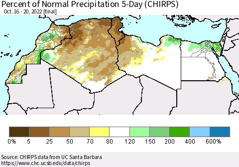 North Africa Percent of Normal Precipitation 5-Day (CHIRPS) Thematic Map For 10/16/2022 - 10/20/2022