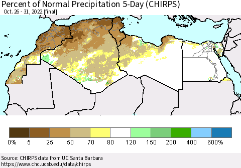 North Africa Percent of Normal Precipitation 5-Day (CHIRPS) Thematic Map For 10/26/2022 - 10/31/2022