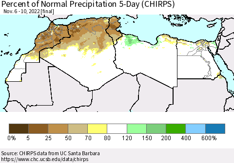 North Africa Percent of Normal Precipitation 5-Day (CHIRPS) Thematic Map For 11/6/2022 - 11/10/2022