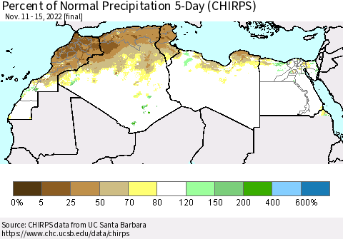 North Africa Percent of Normal Precipitation 5-Day (CHIRPS) Thematic Map For 11/11/2022 - 11/15/2022