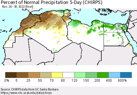 North Africa Percent of Normal Precipitation 5-Day (CHIRPS) Thematic Map For 11/26/2022 - 11/30/2022