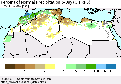 North Africa Percent of Normal Precipitation 5-Day (CHIRPS) Thematic Map For 12/11/2022 - 12/15/2022