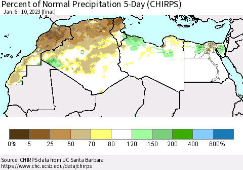 North Africa Percent of Normal Precipitation 5-Day (CHIRPS) Thematic Map For 1/6/2023 - 1/10/2023