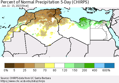 North Africa Percent of Normal Precipitation 5-Day (CHIRPS) Thematic Map For 1/11/2023 - 1/15/2023