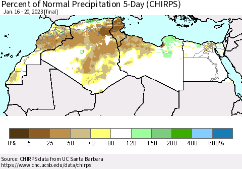 North Africa Percent of Normal Precipitation 5-Day (CHIRPS) Thematic Map For 1/16/2023 - 1/20/2023