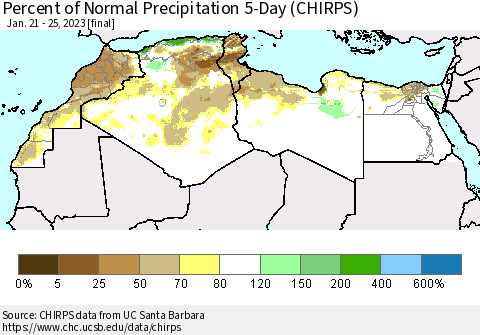 North Africa Percent of Normal Precipitation 5-Day (CHIRPS) Thematic Map For 1/21/2023 - 1/25/2023