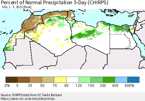 North Africa Percent of Normal Precipitation 5-Day (CHIRPS) Thematic Map For 2/1/2023 - 2/5/2023