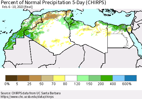 North Africa Percent of Normal Precipitation 5-Day (CHIRPS) Thematic Map For 2/6/2023 - 2/10/2023