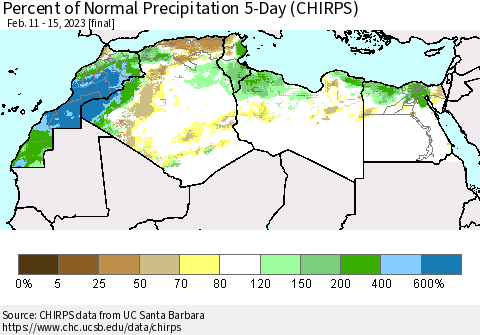 North Africa Percent of Normal Precipitation 5-Day (CHIRPS) Thematic Map For 2/11/2023 - 2/15/2023