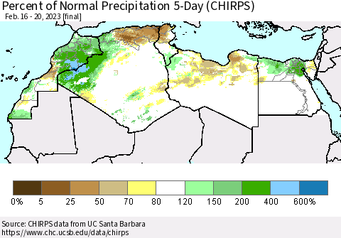 North Africa Percent of Normal Precipitation 5-Day (CHIRPS) Thematic Map For 2/16/2023 - 2/20/2023