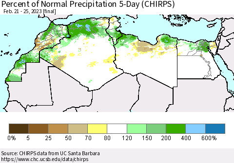 North Africa Percent of Normal Precipitation 5-Day (CHIRPS) Thematic Map For 2/21/2023 - 2/25/2023