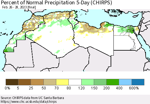 North Africa Percent of Normal Precipitation 5-Day (CHIRPS) Thematic Map For 2/26/2023 - 2/28/2023
