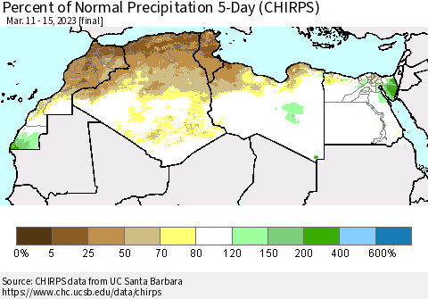 North Africa Percent of Normal Precipitation 5-Day (CHIRPS) Thematic Map For 3/11/2023 - 3/15/2023