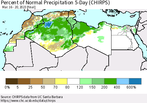 North Africa Percent of Normal Precipitation 5-Day (CHIRPS) Thematic Map For 3/16/2023 - 3/20/2023