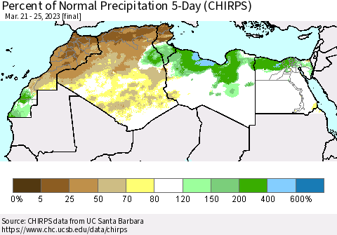 North Africa Percent of Normal Precipitation 5-Day (CHIRPS) Thematic Map For 3/21/2023 - 3/25/2023