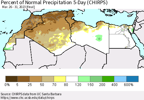 North Africa Percent of Normal Precipitation 5-Day (CHIRPS) Thematic Map For 3/26/2023 - 3/31/2023