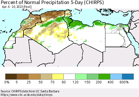 North Africa Percent of Normal Precipitation 5-Day (CHIRPS) Thematic Map For 4/6/2023 - 4/10/2023
