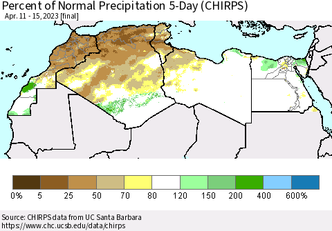North Africa Percent of Normal Precipitation 5-Day (CHIRPS) Thematic Map For 4/11/2023 - 4/15/2023