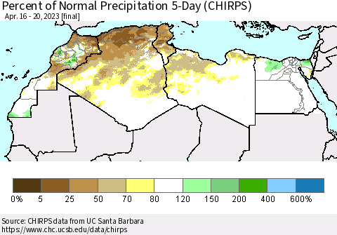North Africa Percent of Normal Precipitation 5-Day (CHIRPS) Thematic Map For 4/16/2023 - 4/20/2023