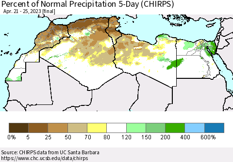 North Africa Percent of Normal Precipitation 5-Day (CHIRPS) Thematic Map For 4/21/2023 - 4/25/2023