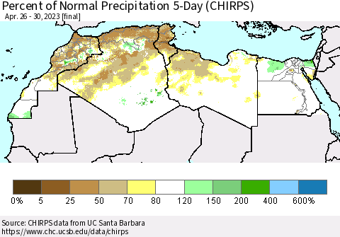 North Africa Percent of Normal Precipitation 5-Day (CHIRPS) Thematic Map For 4/26/2023 - 4/30/2023