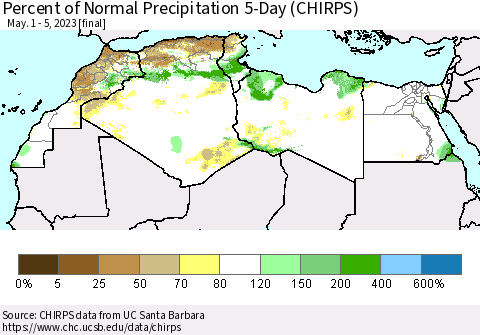 North Africa Percent of Normal Precipitation 5-Day (CHIRPS) Thematic Map For 5/1/2023 - 5/5/2023