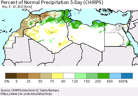 North Africa Percent of Normal Precipitation 5-Day (CHIRPS) Thematic Map For 5/6/2023 - 5/10/2023