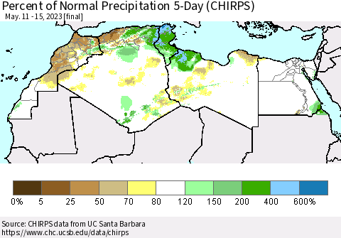 North Africa Percent of Normal Precipitation 5-Day (CHIRPS) Thematic Map For 5/11/2023 - 5/15/2023