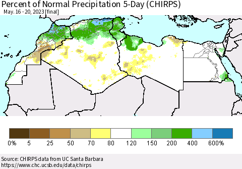 North Africa Percent of Normal Precipitation 5-Day (CHIRPS) Thematic Map For 5/16/2023 - 5/20/2023