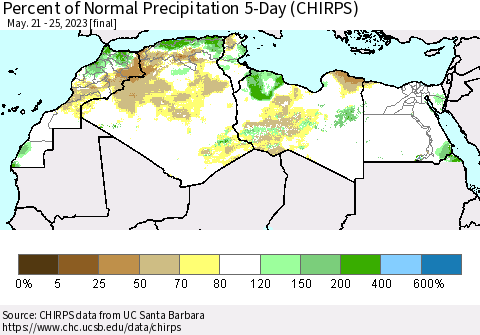 North Africa Percent of Normal Precipitation 5-Day (CHIRPS) Thematic Map For 5/21/2023 - 5/25/2023