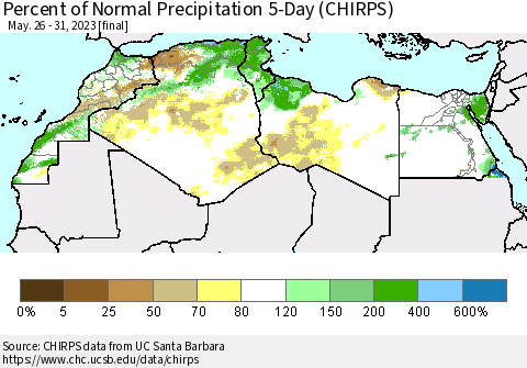 North Africa Percent of Normal Precipitation 5-Day (CHIRPS) Thematic Map For 5/26/2023 - 5/31/2023