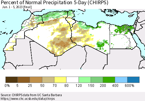 North Africa Percent of Normal Precipitation 5-Day (CHIRPS) Thematic Map For 6/1/2023 - 6/5/2023