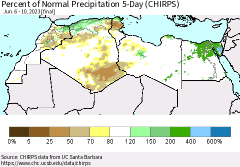 North Africa Percent of Normal Precipitation 5-Day (CHIRPS) Thematic Map For 6/6/2023 - 6/10/2023