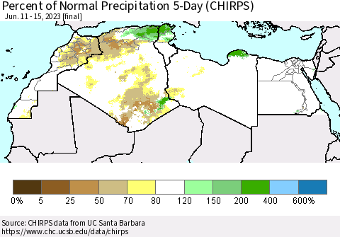 North Africa Percent of Normal Precipitation 5-Day (CHIRPS) Thematic Map For 6/11/2023 - 6/15/2023