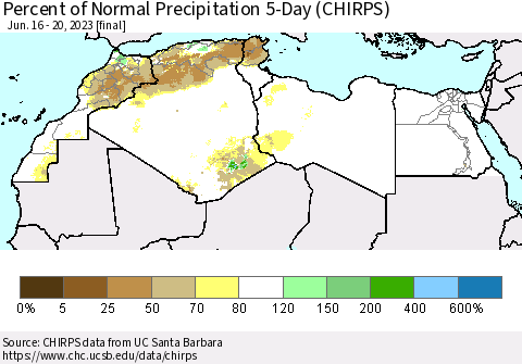 North Africa Percent of Normal Precipitation 5-Day (CHIRPS) Thematic Map For 6/16/2023 - 6/20/2023