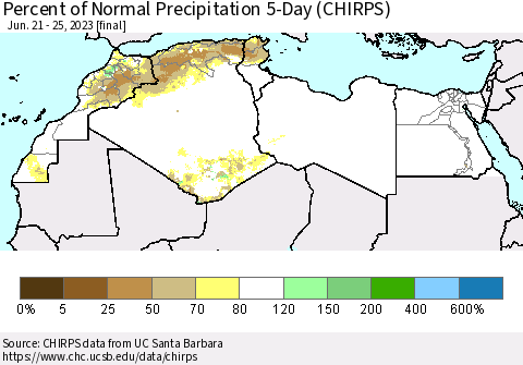 North Africa Percent of Normal Precipitation 5-Day (CHIRPS) Thematic Map For 6/21/2023 - 6/25/2023
