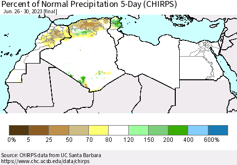 North Africa Percent of Normal Precipitation 5-Day (CHIRPS) Thematic Map For 6/26/2023 - 6/30/2023