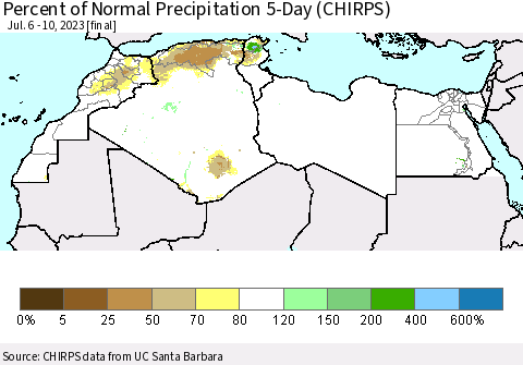 North Africa Percent of Normal Precipitation 5-Day (CHIRPS) Thematic Map For 7/6/2023 - 7/10/2023
