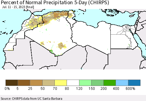 North Africa Percent of Normal Precipitation 5-Day (CHIRPS) Thematic Map For 7/11/2023 - 7/15/2023