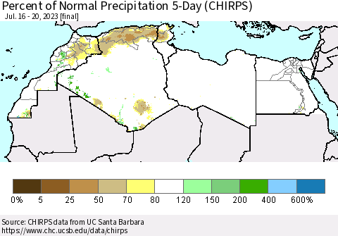 North Africa Percent of Normal Precipitation 5-Day (CHIRPS) Thematic Map For 7/16/2023 - 7/20/2023