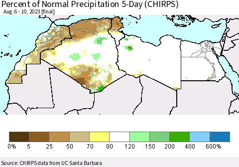 North Africa Percent of Normal Precipitation 5-Day (CHIRPS) Thematic Map For 8/6/2023 - 8/10/2023