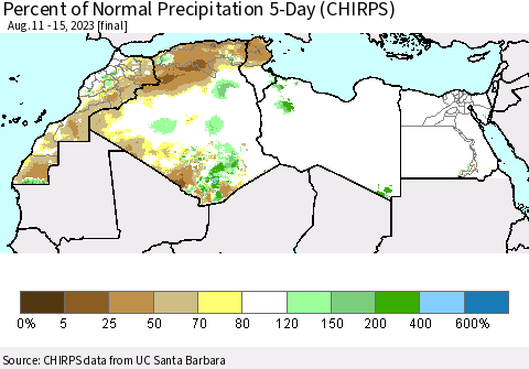 North Africa Percent of Normal Precipitation 5-Day (CHIRPS) Thematic Map For 8/11/2023 - 8/15/2023