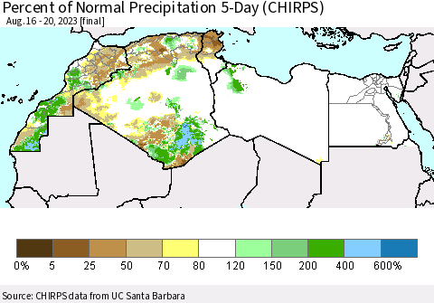 North Africa Percent of Normal Precipitation 5-Day (CHIRPS) Thematic Map For 8/16/2023 - 8/20/2023